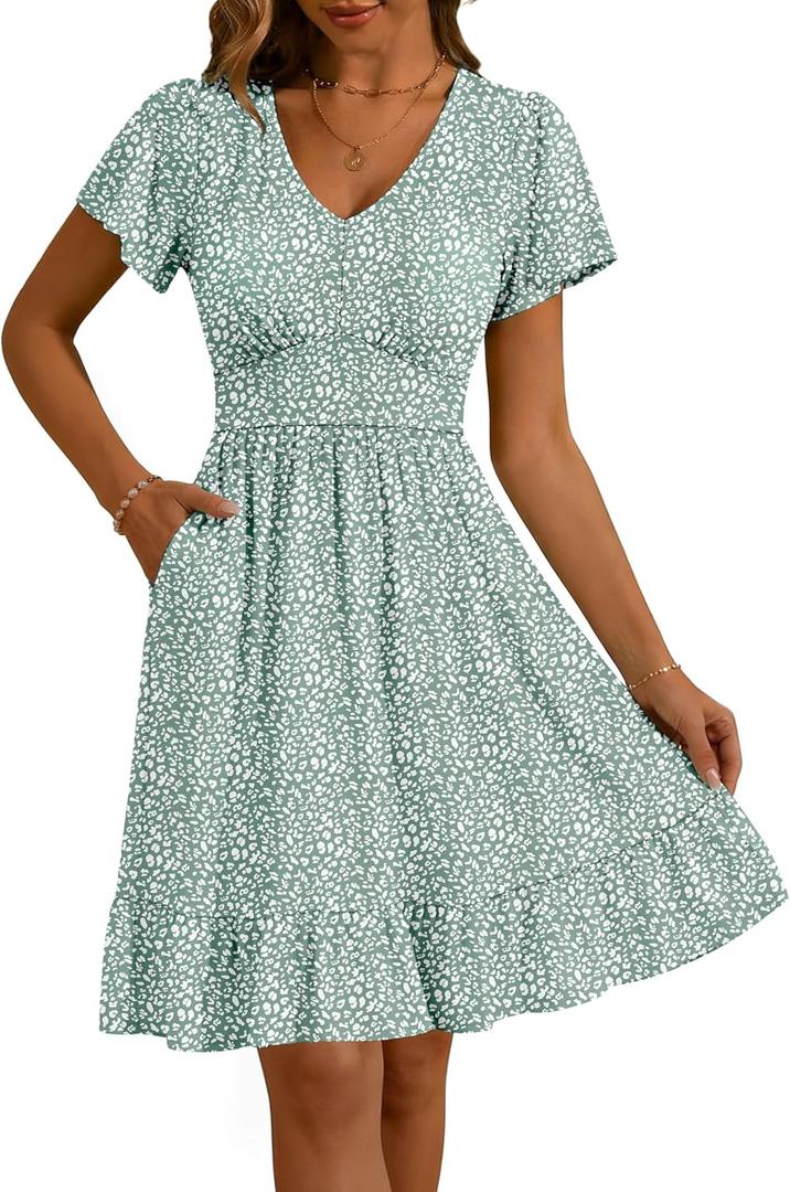 Kranda Women 2026 Summer V-Neck Casual Beach Sundress Empire Waist Short Flutter Sleeve Ruffle Floral Midi Dress with Pockets (Green, M)