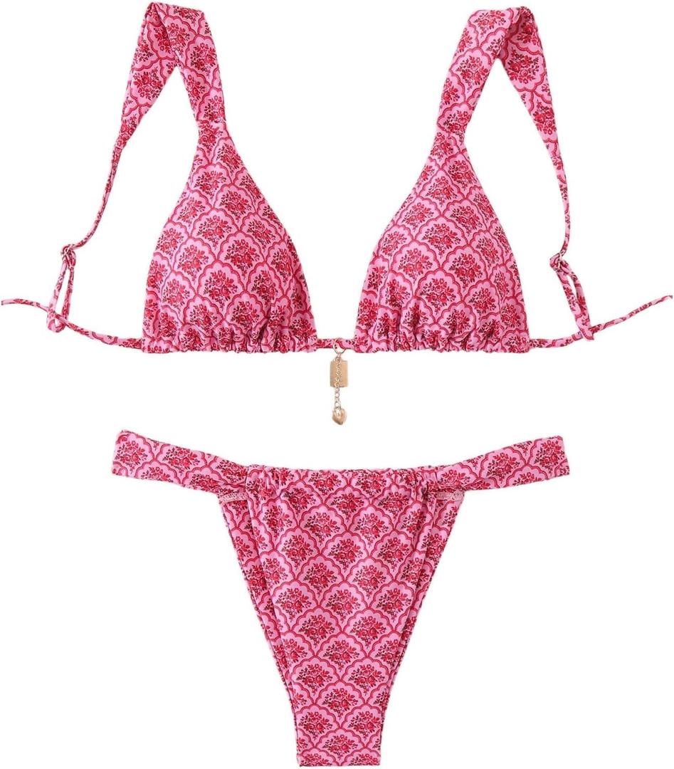 Women's 2 Piece Leopard Floral Bathing Suit Wireless Triangle Swimsuit High Waisted Bikini Sets (XX-Large, Pink)