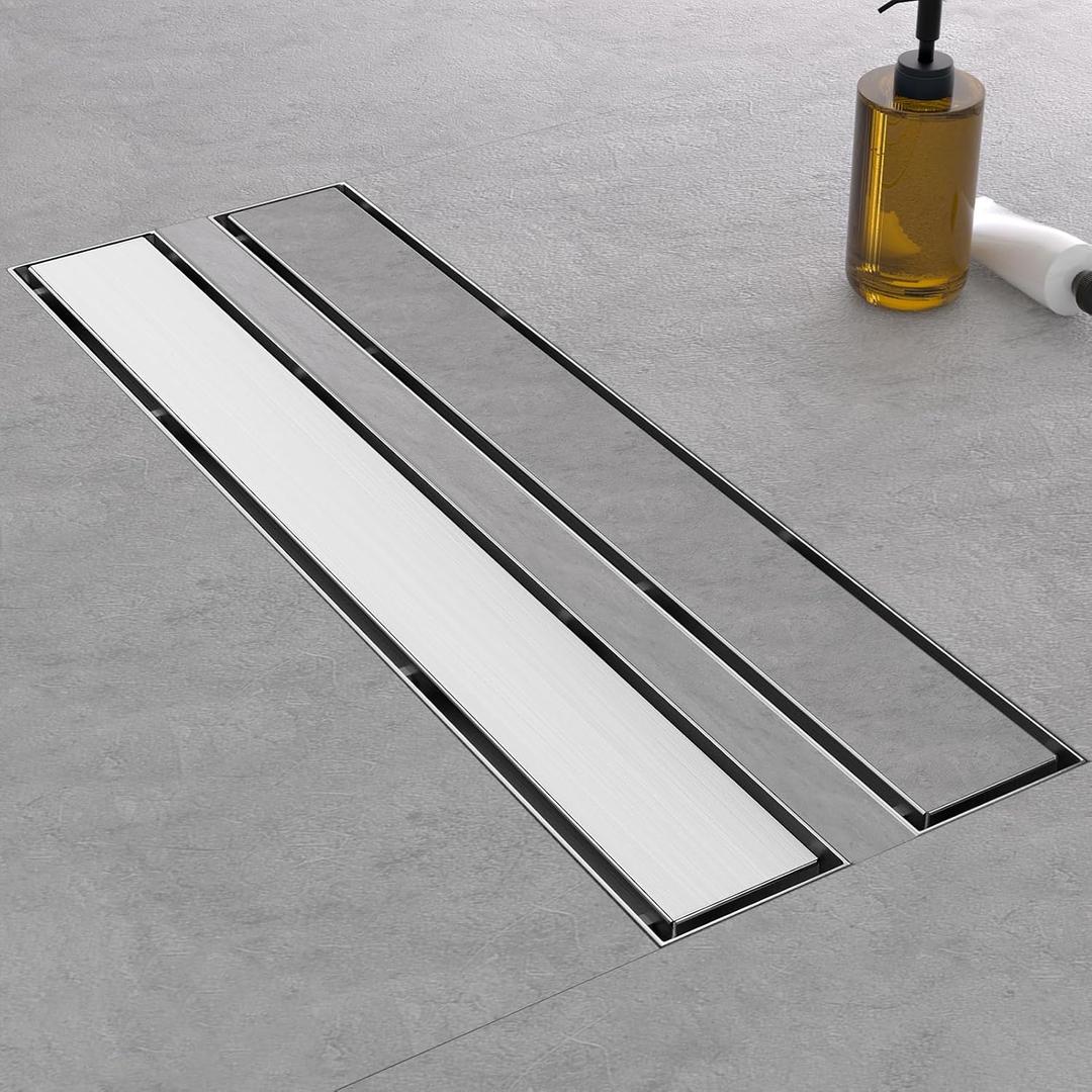 Linear Shower Drain, 32 Inch Brushed Nickel 304 Stainless Steel Shower Drain with Tile Insert Panels, Long Rectangle Shower Floor Drain with Adjustable Feet, Hair Catcher, Fits Bathroom, Balcony