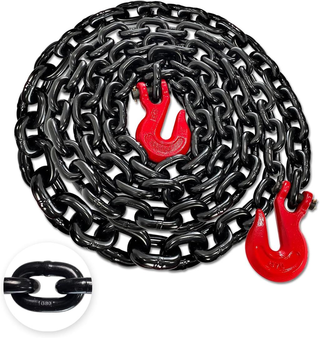 YATOINTO 1/2'' Chain G80 Trailer Tow Chain 16ft, 12,000 lb WLL, Red Clevis Grab Hooks, EP Black Finish, Logging Chain for Towing & Trailer Tie-Down