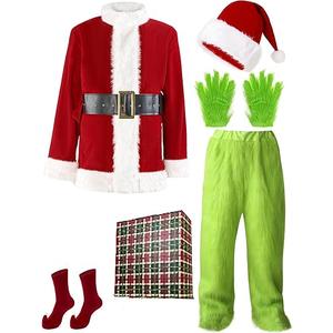Santa Costume Adult.Christmas Costume 7pcs Suit With Green Monster Mask and Red Hat.Christmas Gift Box Packaging