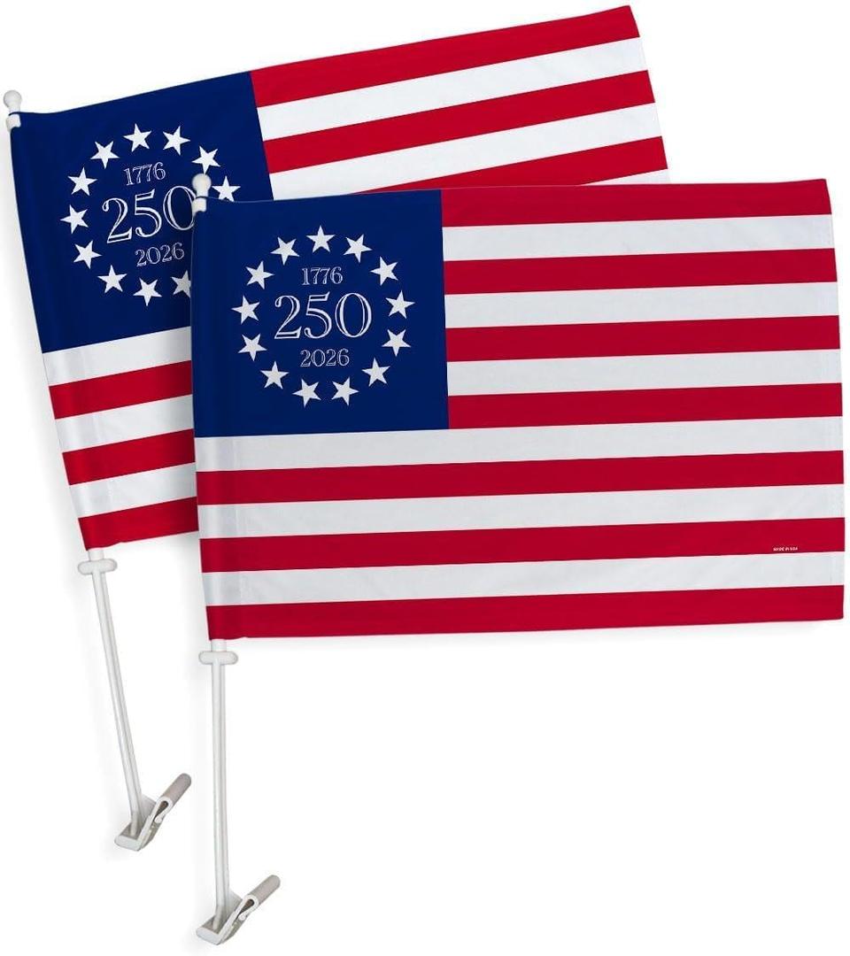 Betsy Ross 1776 2026 USA 250th Car Flag Kit Truck Post Outdoor 2 PCS Pack Bandera Para Carros Independence Day Poster Flags For Cars Window Decor 4th Of July America 250 Anniversary Decoration Gift