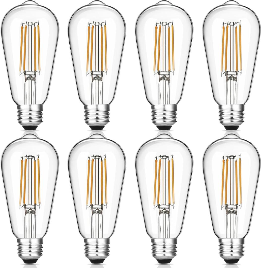 Vintage LED Edison Bulbs, 6W, Equivalent 60W, Dimmable, Warm White 2700K, ST58 Antique LED Filament Bulbs with 90+ CRI, E26 Medium Base, Clear Glass, 8 Count (Pack of 1)