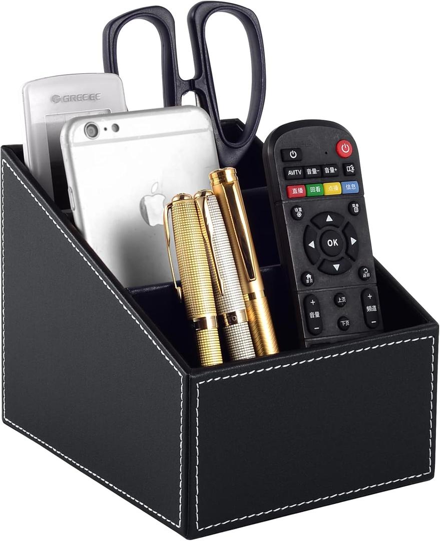 Fashionable PU Leather TV Remote Control Holder with 3 Compartments, Storage Rack, Storage Box, Media Accessory Storage, Desk Organizers (Black)