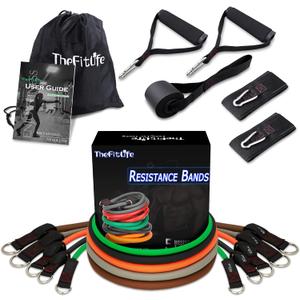 TheFitLife Exercise Resistance Bands with Handles - 5 Fitness Workout Bands Stackable up to 110/150/200/250/300 lbs, Training Tubes with Large Handles, Ankle Straps, Door Anchor