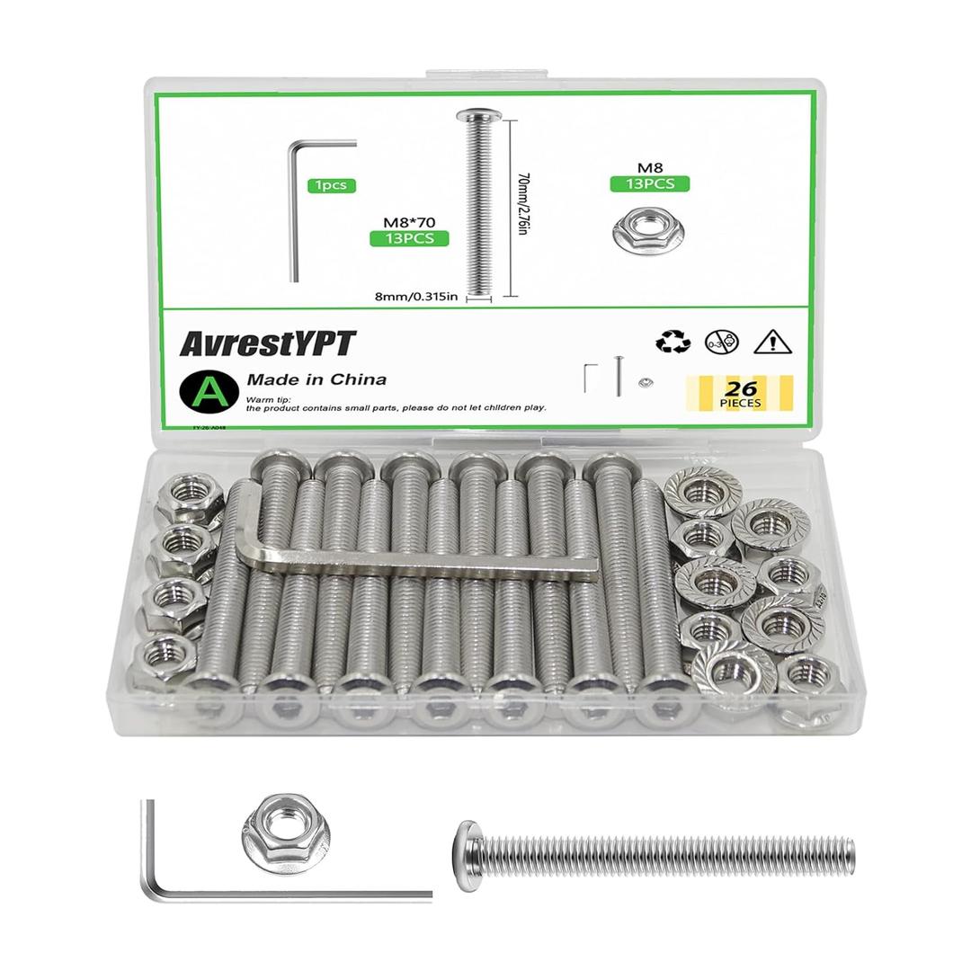 26 Pcs M8 x 70mm Flat Head Hex Socket Cap Screws Bolts Kits, 18-8 (304) Stainless Steel,Metric Bolt Assortment, Fully Threaded for Furniture, Bed, Chairs