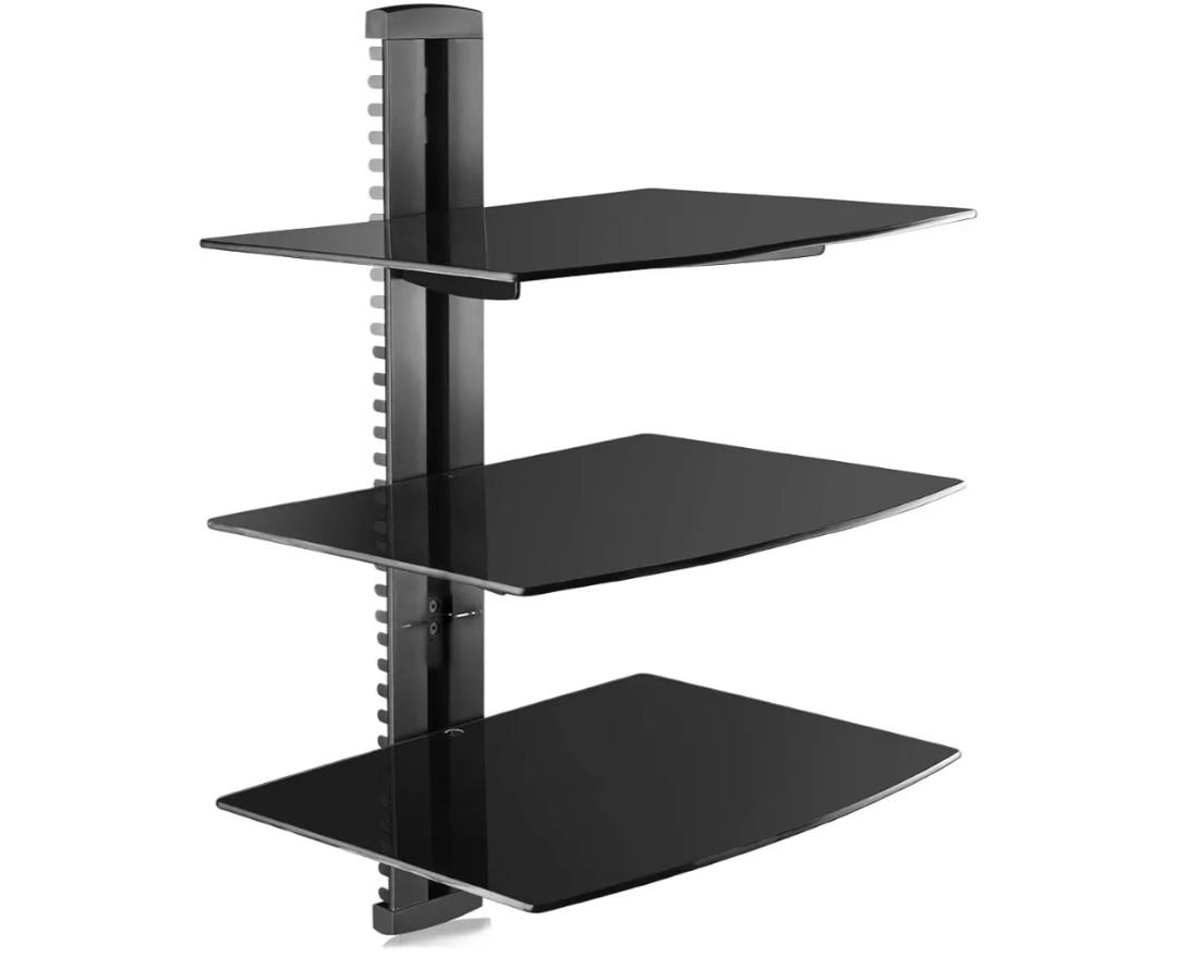 suptek 3 Floating Shelf Wall Bracket with Strengthened Tempered Glass for DVD Players/Cable Boxes/Games Consoles/TV Accessories, 3 Shelves, Black, CS303