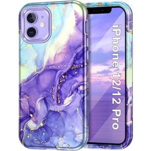 Btscase for iPhone 12 Case/iPhone 12 Pro Case, Heavy Duty Three Layer Marble Shockproof Full Body Rugged Hard PC+Soft TPU Bumper Drop Protection Women Girls Cover for iPhone 12/12 Pro, Cobalt Violet