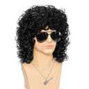 Mens Short Curly Black Wig With Sunglasses and Necklace Fake beard-70s 80s Fluffy Afro Punk Rockstar Wig for Men Cosplay Halloween Party Costume Wig