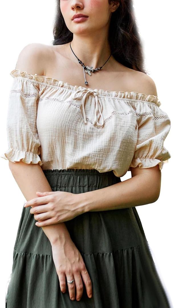 SCARLET DARKNESS Peasant Blouse for Women Off Shoulder Puff Sleeve Cotton Loose Summer Tops (Beige, S)