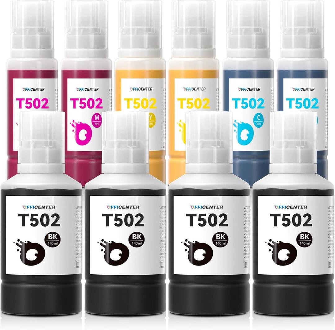 10 Pack T502 502 Ink Refill Bottles for Ecotank ET-2760 ET-4760 ET-2750 ET-3760 ET-2850 ET-15000 ST-4000 ST-2000 ET-3710 ET-3850 ET-3750 ET-4850 ET-3830 ET-4750 ET-2700 ST-3000 Printer (5024BK 2C 2M 2Y))