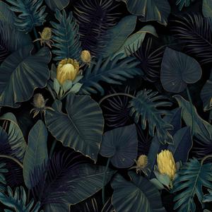Tropics Plants Floral Peel and Stick Wallpaper, 17.71in X 236.2in Self Adhesive Removable WallPaper Black/Dark Green/Yellow Contact Paper Waterproof Decorative Vinyl Wallpaper for Bedroom Living Room
