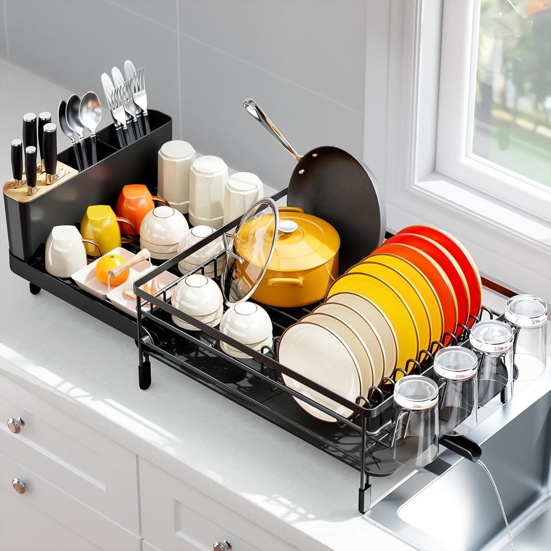 Urackify Large Dish Drying Rack, Expandable Dish Racks for Kitchen Counter, Multifunctional Dish Drainer with Utensil Holder & Cup Holder, 18.5"-26.7" L x 12.7" W, Black