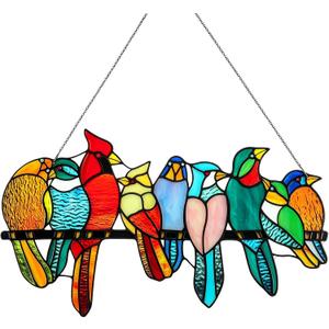 22x12.8 Inches Stained Glass Birds Window Hanging, 9 Multicolor Birds on Branch Suncatcher, Cardinal Hummingbird Kingfisher Glass Panel for Home Decorations, Gifts for Women Mom Grandma