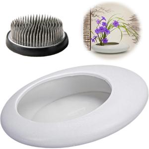 Ikebana Bowl Kit - Ikebana Vase (Japanese Flower Bowl Vase) with 2.4'' Floral Frog, Ikebana Set for Japanese Flower Arrangement (White, 2.4'' Floral Frog Included)