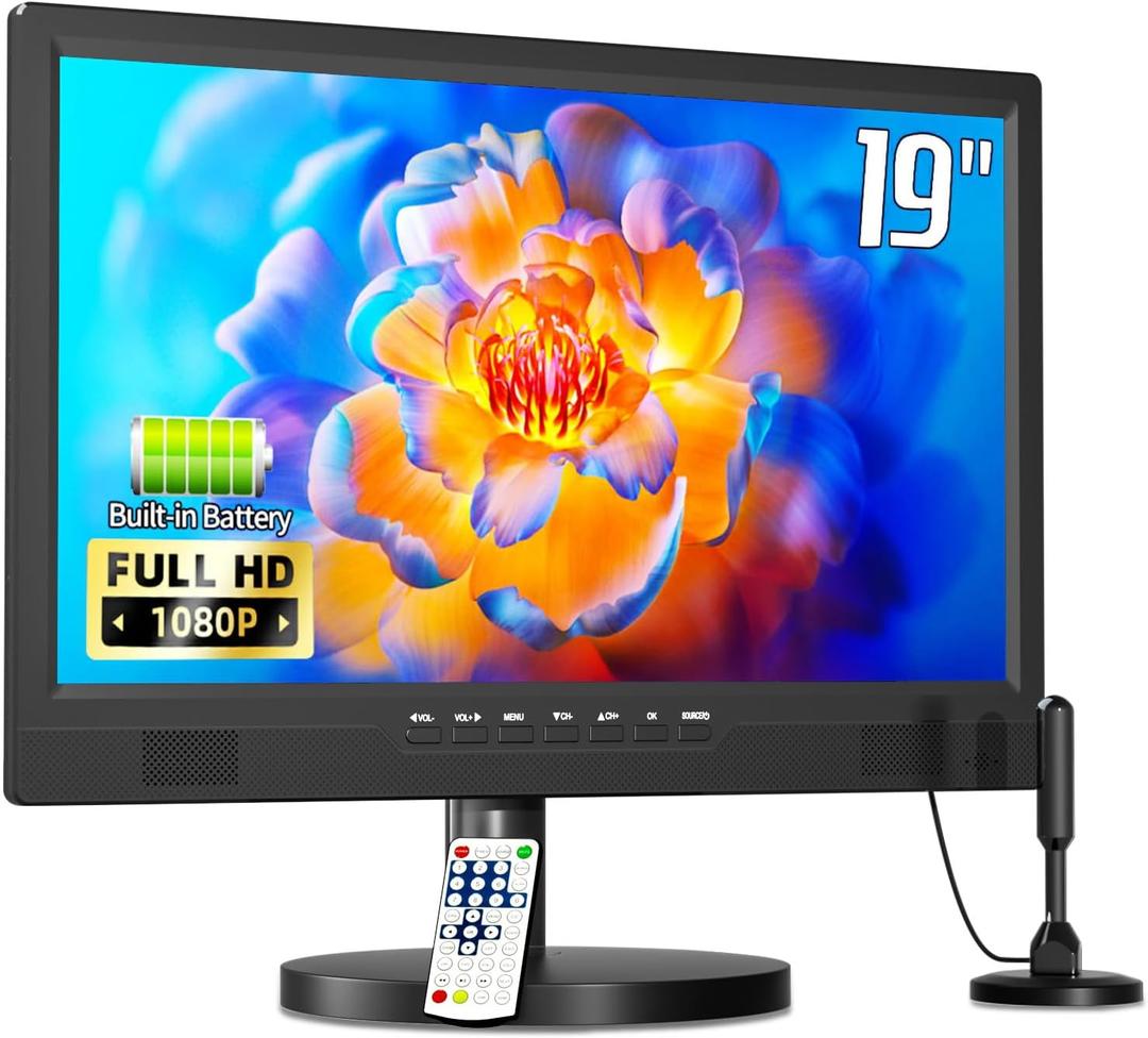 Desobry 19 Inch Portable TV with Digital ATSC Tuner, Small TV with Built-in 8000mAh, Portable Monitor with 1080P HDMI Input, AV Input, USB, SmallTV for Travel, Camping, RV, Kitchen, Patio (Round Stand)
