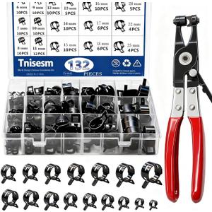 Tnisesm 132Pcs 6-25MM Spring Hose Clamps With Hose Clamp Pliers, Black Small Hose Clamps Automotive Fuel Hose Clamp Silicone Vacuum Hose Pipe Low Pressure Air Clip Clamp