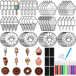 132 Pcs Color Your Own Magnets Sweet Treat Kit DIY Coloring Dessert Crafts Coloring Ice Cream Magnet Craft Ornaments for Art Donut Party Favors Birthday School Activities Decoration Supplies