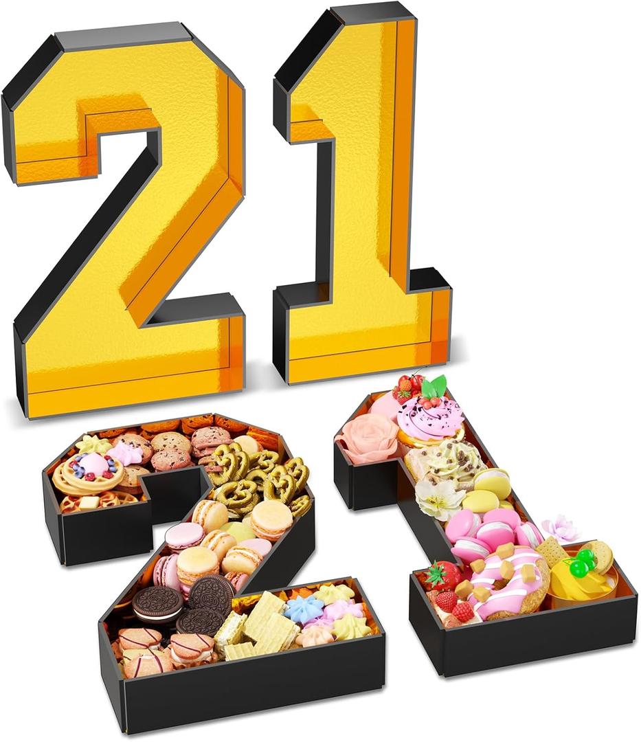 Paready 13.78'' Fillable Cardboard Number 21 for Charcuterie, Gold Black Number 21 Tray, Food Fillable Numbers 21 Box Flower Candy Cupcakes Container for 21st Anniversary Birthday Party Decoration