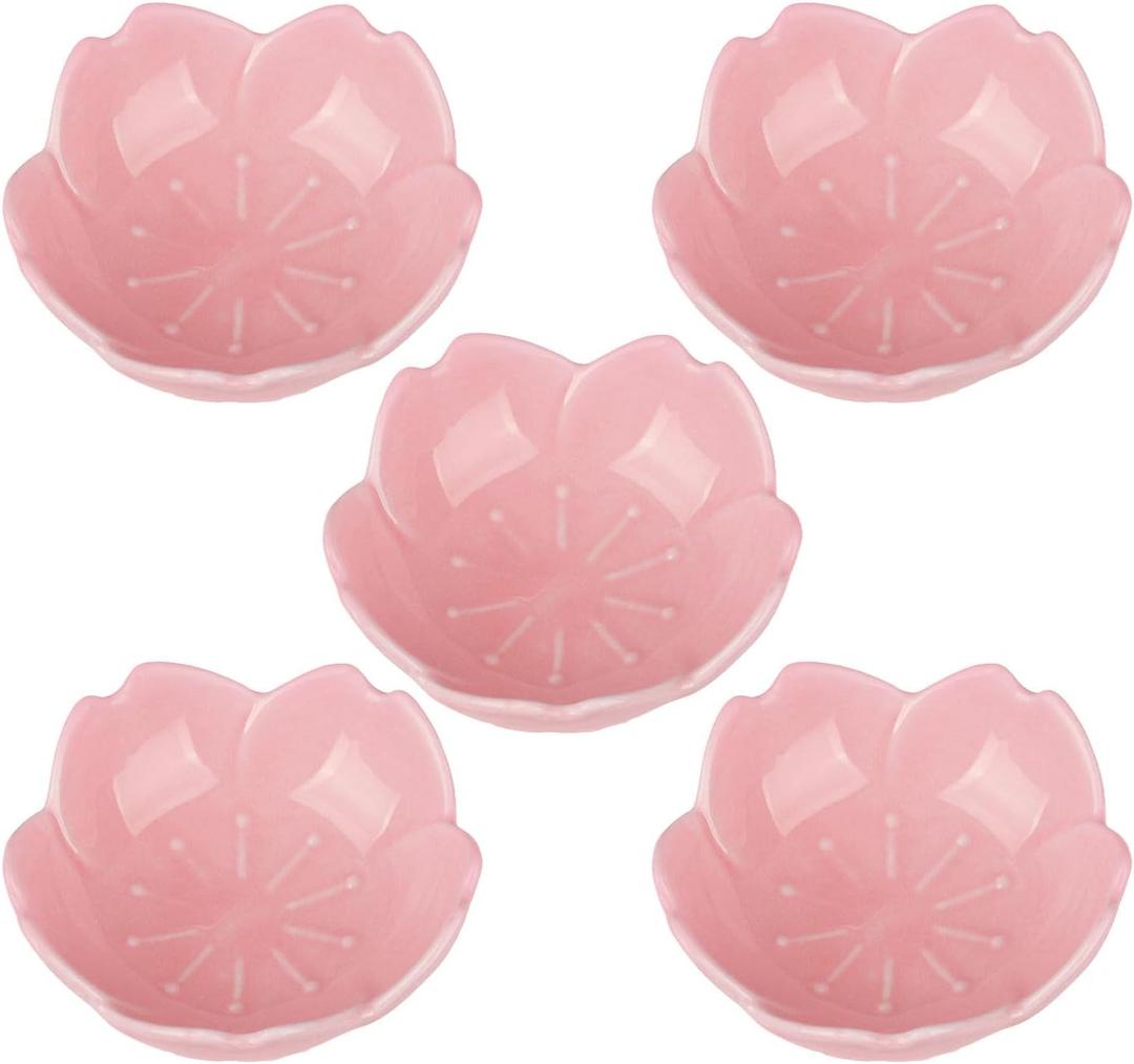 WHJY Pink Cherry Blossom Dish Set, Cute Pink Ceramic Plates, Sauce/Seasoning Dish, Sushi Dishes, Soy Dipping Bowl, Dessert, Appetizer Plates, Serving Dish for Kitchen Home  Set of 5