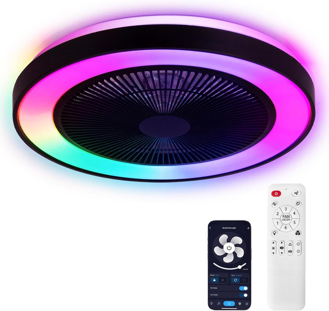 2-in-1 Low Profile Ceiling Fan with Light, 20 Caged Safety Design for Kids - RGB Color, Smart APP/Remote Control, Quiet Flush Mount DC Motor, Ideal for Bedroom/Living Room/Kitchen, Black