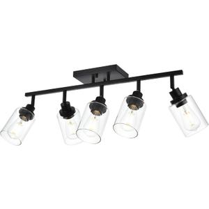 5-Light Track Lighting Kit Black Track Lighting Fixtures Bathroom Wall Sconces Ceiling Mount Kitchen Tracking Lights, Rotatable Spotlight with Clear Glass Shade for Kitchen Shop Hallway