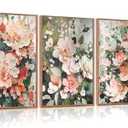 Aurlan Boho Green and Coral Wildflowers Framed Wall Art(16"x24"), 3 PCS Abstract Green Pink Botanical Leaves 3D Textured Canvas Artwork, Large Modern Watercolor Floral Blossom Art Wall Decor for Office Living Room Bedroom
