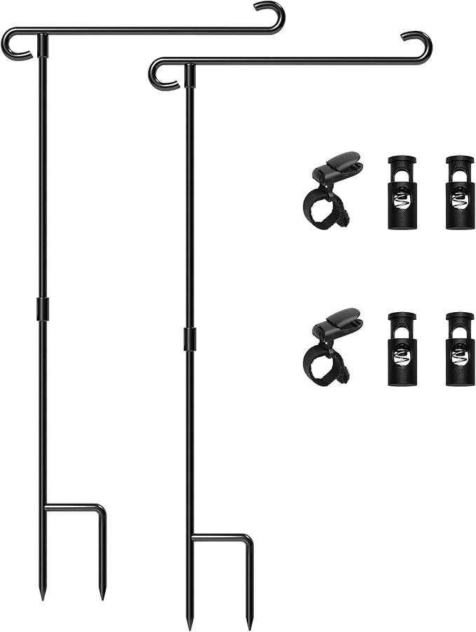 HOOSUN Garden Flag Stand Holder Pole Easy to Install Strong Sturdy Wrought Iron Fits 12.5" x 18" Mini Flag with 1 Tiger Clip Curved Hook with S Type 2 Pack