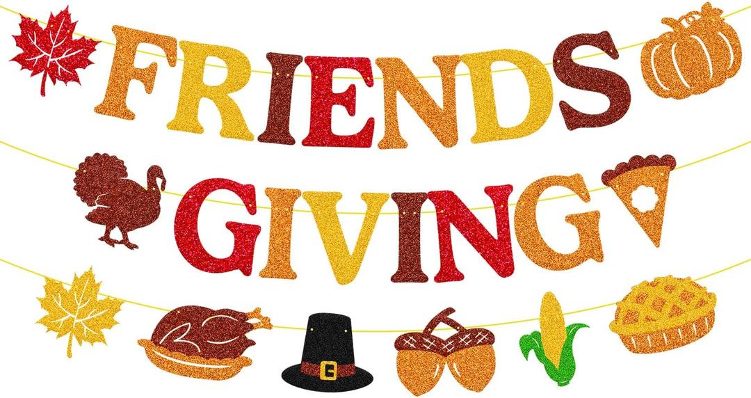 Friends Giving Banner Thanksgiving garland Fall Maple Leaves Pumpkin Pie Turkey Autumn Harvest Theme Thanksgiving Day Party Supplies Glitter Friendsgiving Decoration
