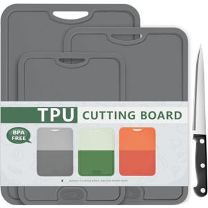 Gintan Flexible TPU Cutting Board with Knife and Juice Groove, BPA Free Flexible Chopping Boards for Kitchen Dishwasher Safe Easy Grip Handle(L+M+S-Drak Grey) (Three Dark Grey)