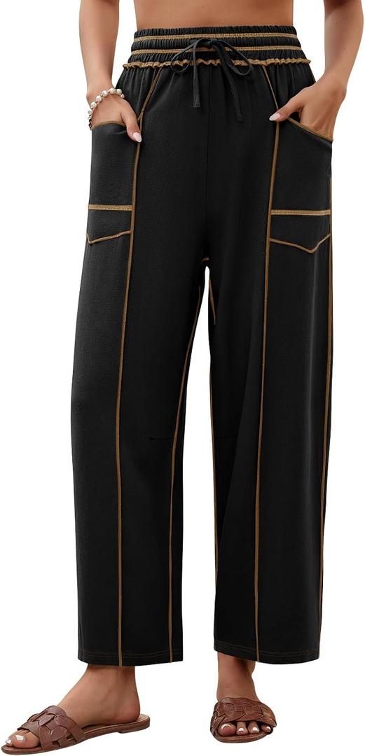 Womens Linen Barrel Pants Baggy Wide Leg Palazzo Pants Casual | Drawstring Waist, with Pockets, Lounge (Black, S)