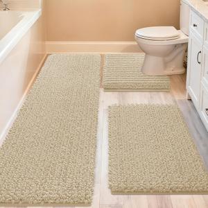 ACCUMTEK Upgrade Extra Large Beige Bathroom Rug Set 3 Pieces Ultra Soft, Thick Absorbent Bath Mats, Non Slip Chenille Toilet Mat for Bathroom, Bedroom, Kitchen (4'1'8"+ 2'x1'5"+ U Shape 1'8"x2')