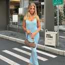 YELLOOP Knit Maxi Dress Long Bodycon Dresses Old Money Elegant Cocktail Dress Long Sweaters Dress Y2k (Blue,Large)