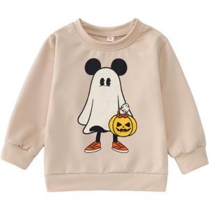 Toddler Baby Boy Halloween Sweatshirt Pumpkin Ghost Shirt Long Sleeve Spooky Season Crewneck Pullover Fall Tops (Beige)