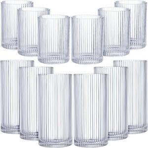Zhehao 12 Pcs Ribbed Drinking Glasses Set 9 oz 12 oz Glass Cups Vintage Glassware Ribbed Cocktail Cup Clear Ice Coffee Highball Ripple Drinkware for Home Bar Beverages