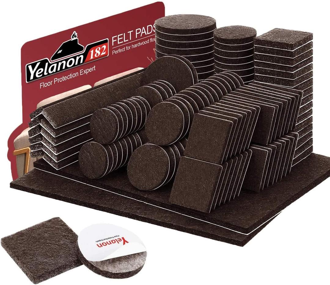 Yelanon Felt Furniture Pads -182 Pcs Premium Felt Pads for Chair Legs Furniture, Floor Protectors for Hardwood Floors, Brown