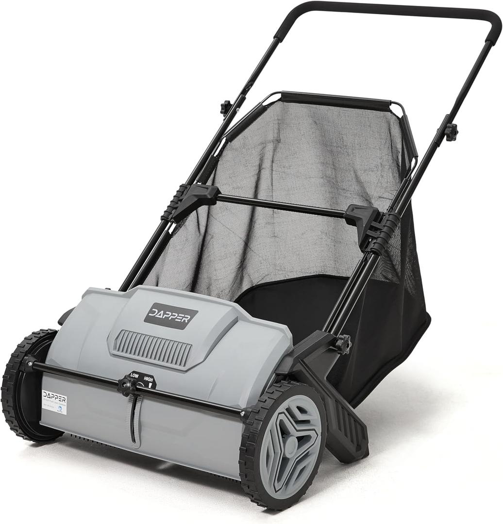 21-Inch Push Lawn Sweeper, Grass, Lawn and Leaf Cleanup Collector with Large 3.5 cu. ft. Hopper Bag, Durable Wheels, and Dual Spinning Brushes, Grey