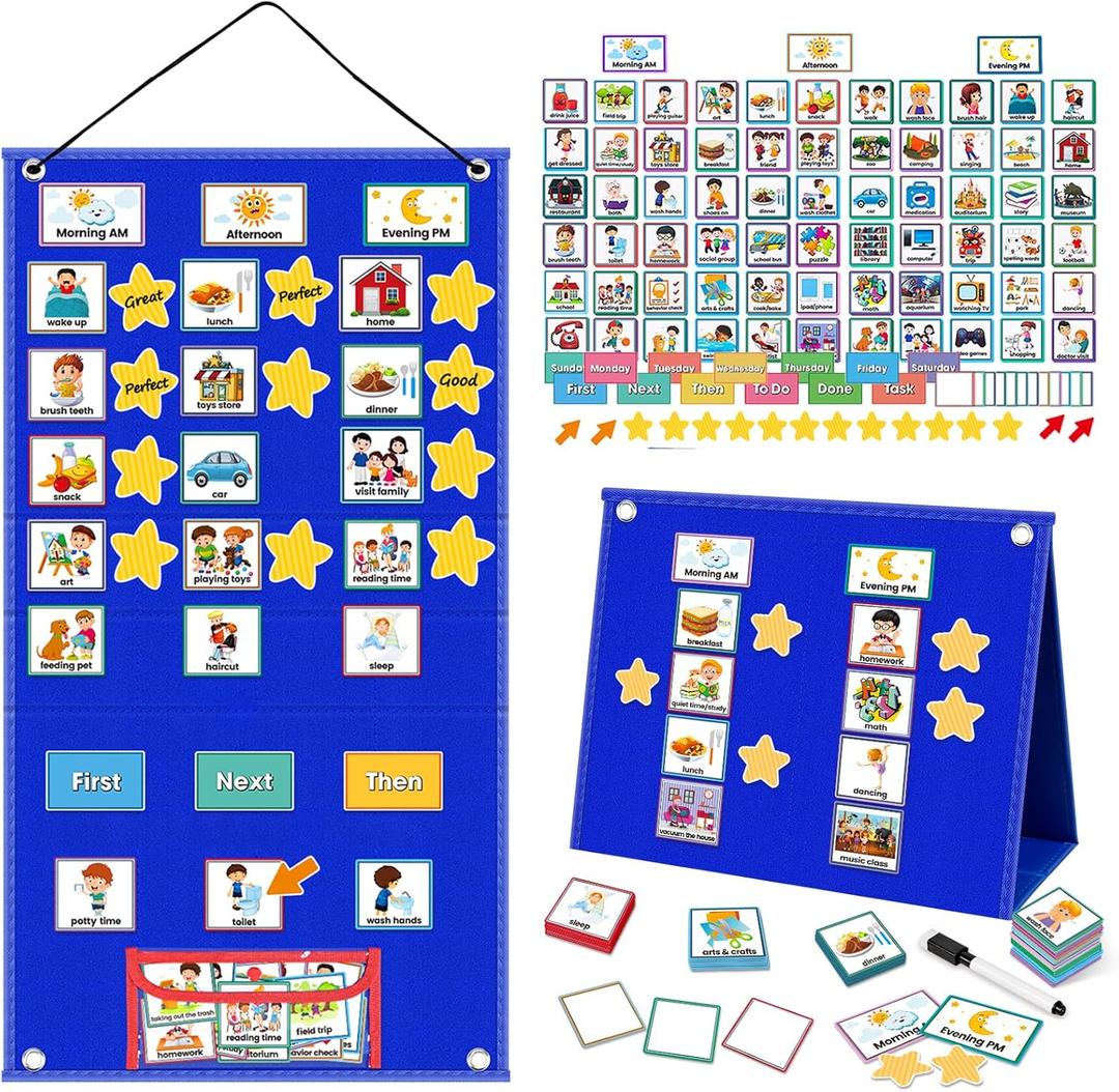 Large Visual Schedule for Kids with Autism 27"x14.5" Morning Routine Chart for Toddlers Behavior Reward Chore Chart for Kids at Home ADHA, Autism Learning Materials with 124 Cards (Large Blue) (Blue-wider Version)