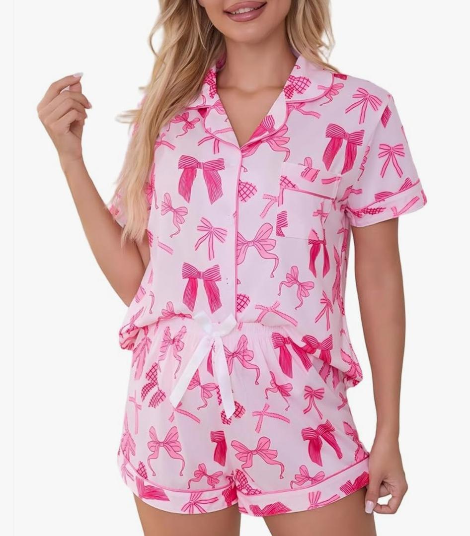 Beutyest Women's Bow Pajamas 2 Piece Cute Pajama Sets Button Down Pjs Top and Shorts Lounge Sets XL