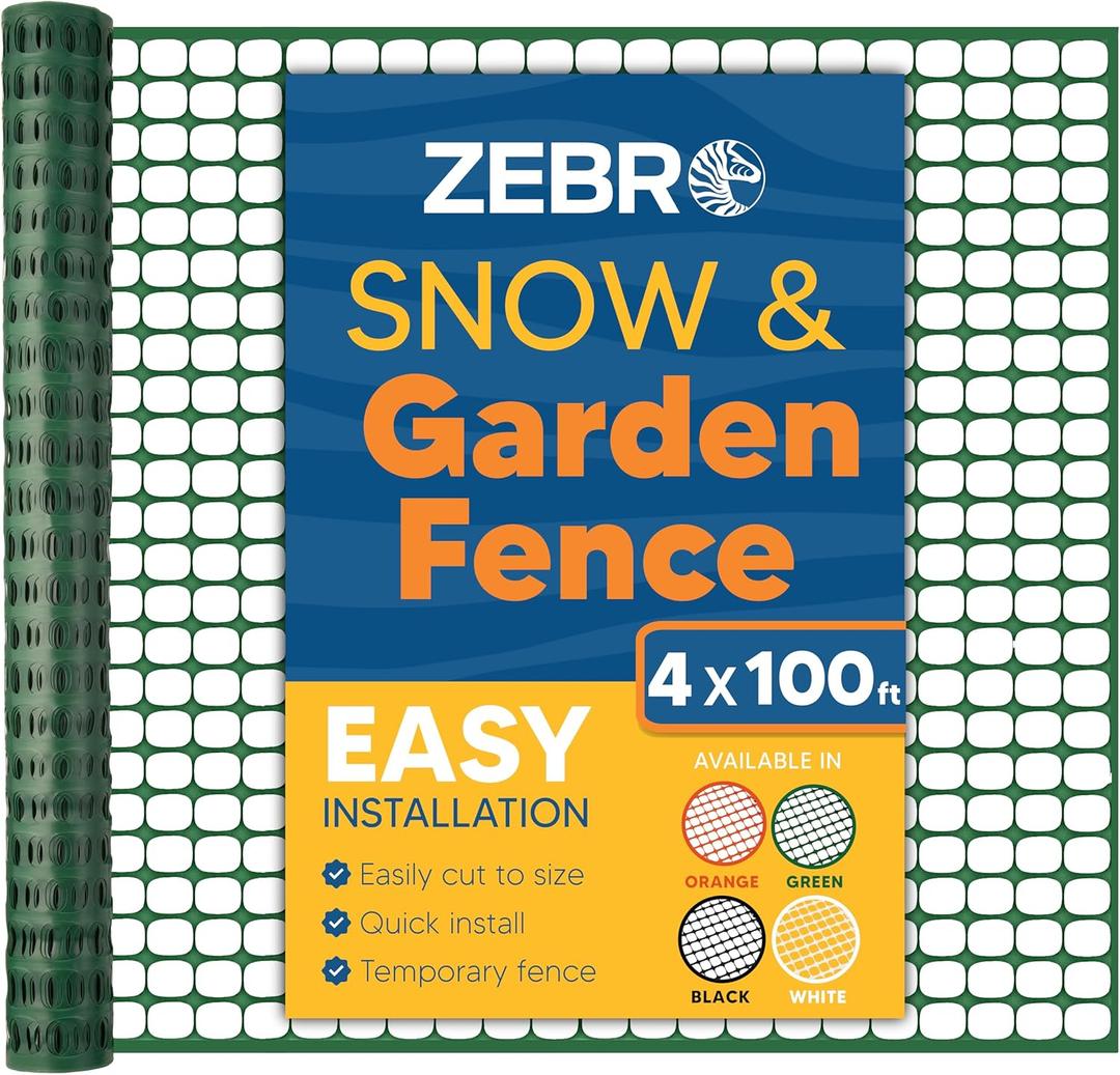 ZEBRO 4' x 100' Green Plastic Garden Fence Roll  Light Duty Mesh Fencing for Temporary Fence, Snow, Garden Netting, Animal Barrier, Agricultural Fencing & Lawn Protection