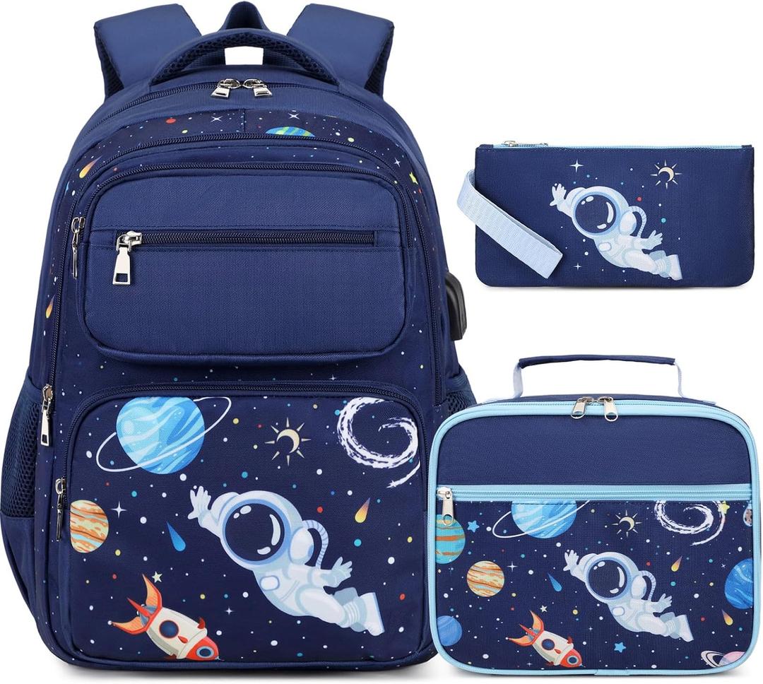 Bevalsa Backpack for Boys, School Bags for Kids, Bookbag for Boys Girls Children Teens Backpacks for Elementary Middle High school Student, Bookbag and Lunch Bag Set with USB Charging Port (Space)