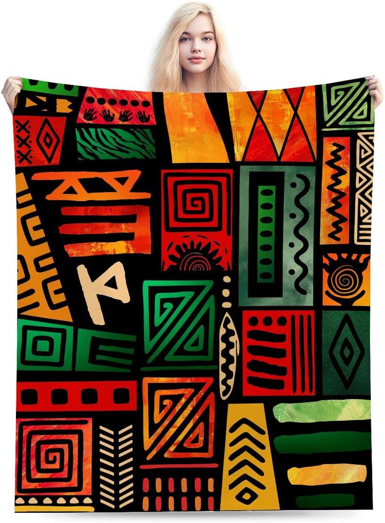 African Tribal Throw Blanket，Traditional Totems Colorful Juneteenth Kwanzaa Kente Ethnic Mud Pattern Warm Cozy Flannel Soft Blanket for Couch Chair Sofa Bed Bedroom Living Room Car 30"x 40"