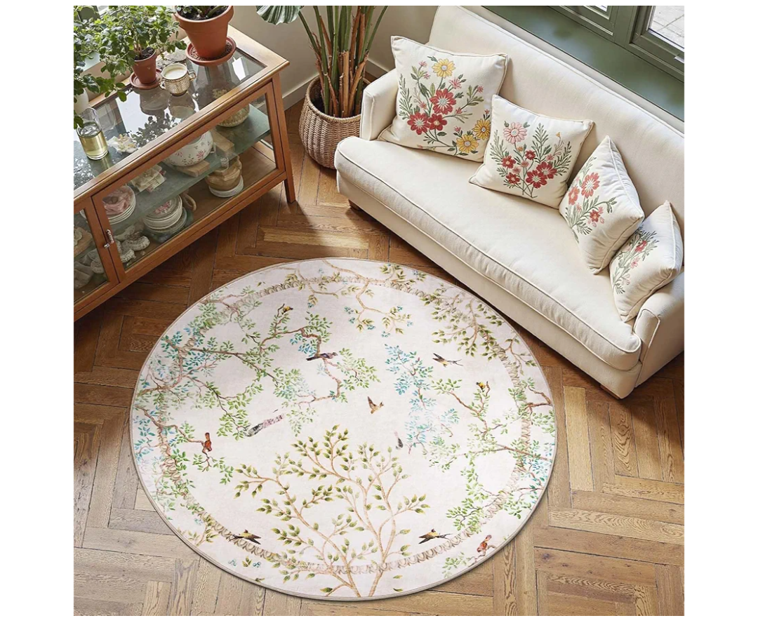 Round Rugs 6ft Ivory Botanical Birds Print Machine Washable 6' Circle Nature Plants Modern Soft Non Slip Kids Throw Area Rugs Ultra Thin Low Pile Carpet for Living Room Bedroom Dining Room
