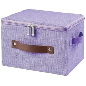 HYVAKUPPA Storage Bins with Zipper Lid Foldable Fabric Lidded Storage Boxes Baskets Cubes Washable Collapsible PU Leather Handle Cotton Linen Shelves Closet Organizer Container(Purple, Small Size)