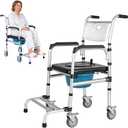 Shower Chair with Wheels Folding Armrests Can Be Upturned Rolling Shower Wheelchair Bedside Commode Chair Toilet with Detachable Bucket for Seniors and Disabled, Weight Capacity 330lbs (White)