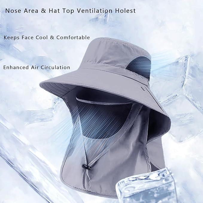 Men & Women Sun Hat UPF 50+ Wide Brim Fishing Hat with Neck Flap, Breathable UV Protection Hat for Summer Outdoor (One Size,Grey)