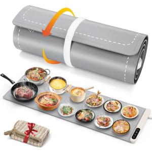 FYY Extra Long Warming Mat for Food, Rapid and Full Surface Heating Gray | 6 Temp Settings, 6H Timer, Rollable Portable Silicone Electric Food Heating Mat for Countertop Party Buffet, Keep Meal Warm