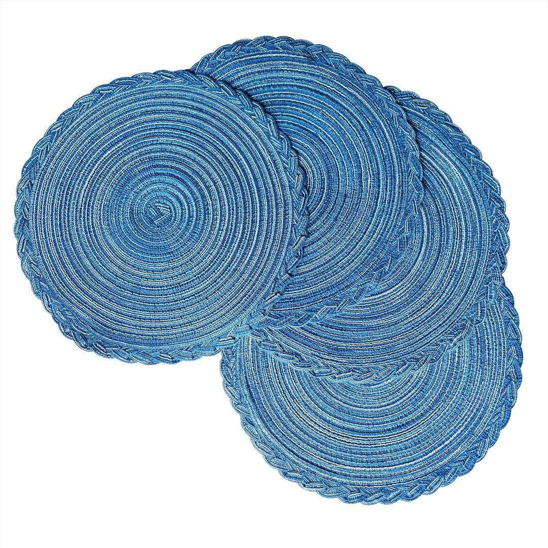 15 inch Round Woven Table placemats Set of 4 Spiral-Shaped Textured Braided Edge for Family Dining Table Restaurant Bars Parties Weddings and More. (4, Navy Blue)
