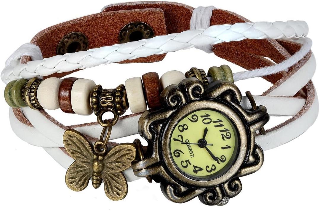 JewelryWe Women Bohemia Bracelet Watch Vintage Classic Fashion Weave Wrap Around Quartz Wristwatch with Adjustable Leather Weave Strap - for Summer Beach Daily and Office