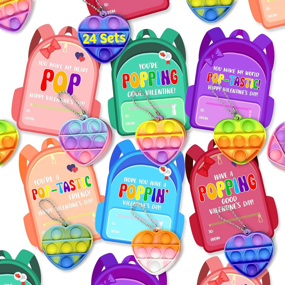 Figet Keychains Valentines Day Cards Gifts for Boys Girls Classroom Exchange, 24 Packs Valentines Day Figet Keychains with Cards for Kids School Party Favor
